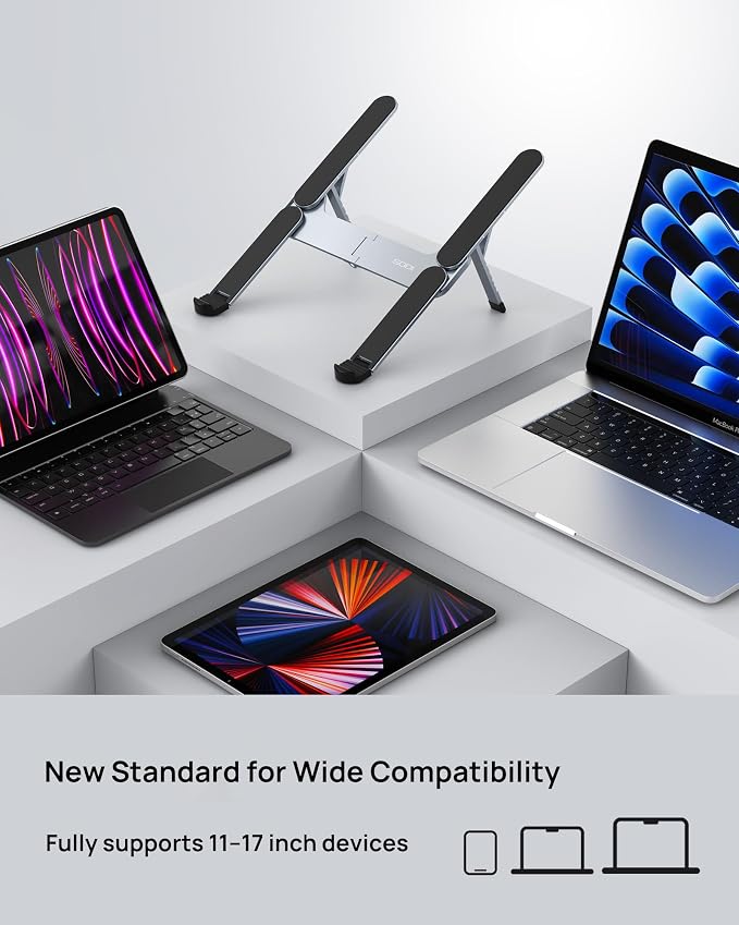 SODI Ultra Compact Foldable Laptop Stand - Portable Laptop Holder for Desk & Travel Use, Adjustable, Ergonomic Aluminum Computer Holder for MacBook, Tablet 10-16" (Plus-Gray, Bi-Fold)