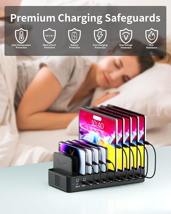 580W Charging Station for Multiple Devices, 10-Port USB C Fast Charger Station, Dual PD 100W Charging Dock with Adjustable Dividers & 6 Cables-Device Organizer for Laptop MacBook, iPhone, iPad