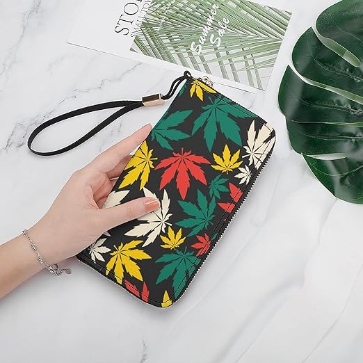 Unisex Zip Around Wallet for Adults Teens Colorful Cannabis Leafs Black Coin Pouch Cash Pocket PU Leather Wallets Card Holder Organizer Designer Purse with Wristlet Strap