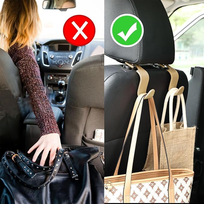 Osilly Car Seat Headrest Hook, 4 Pack Auto Seat Hanger Storage Organizer for Purse Handbag Coats Grocery Bags, Car Interior Accessories, Universal Vehicle Backseat Plastic Hanging Hook (Beige)