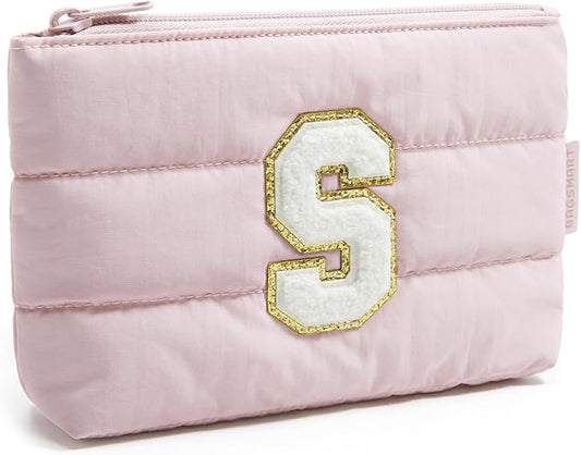 BAGSMART Personalized Makeup Bag with Initial, Pink Small Cosmetic Travel Organizer, Water-Resistant Pouch for Women & Teens for Bridesmaid Graduation (Initial-S, Small)