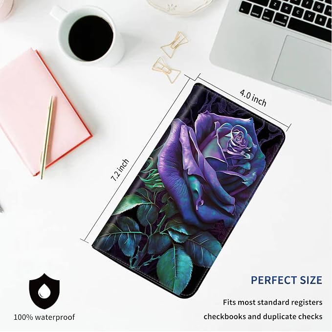 Checkbook Cover - PU Leather Standard Duplicate Register Check Card Book Holder Wallet with RFID Blocking Function for Girl Men Women, A Purple Rose