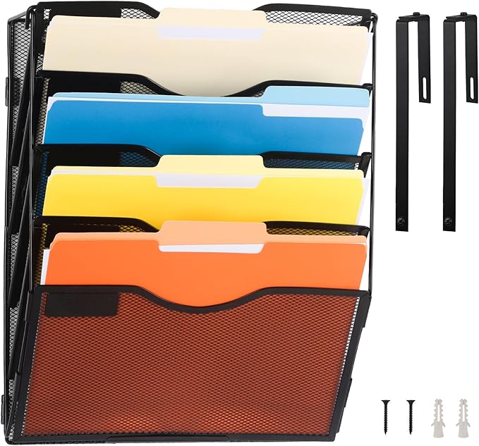 EASEPRES 5 Pocket Mesh Hanging Wall File Organizer with Hangers & Nametag Label, Wall Mounted Mail Paper Document Folder Holder, Clipboard Storage Organization Magazine Rack for Office Cubicle, Black