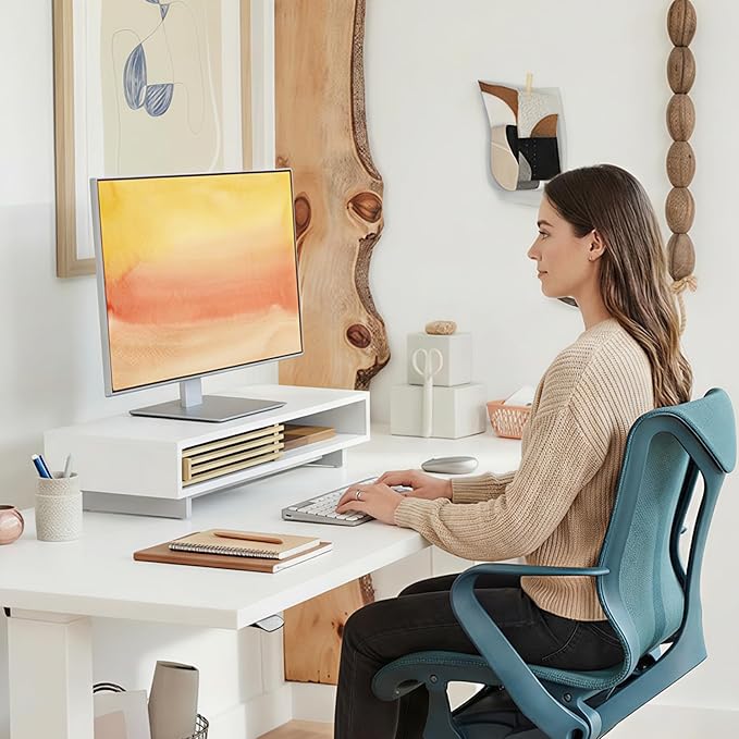 Monitor Stand with Sliding Bamboo Doors, 25 Inch Heavy Duty Wood Computer Monitor Riser, Ergonomic Desk Organizer with Storage & Keyboard Tray, Natural & white