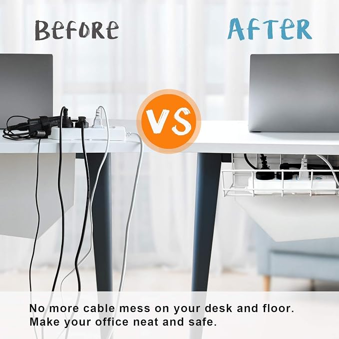 Under Desk Cable Management- 1 Pack Cord Organizer. Metal Wire Cable Management Tray for Office, Studio and Home. Super Sturdy Under Table Cable Management - White Cable Organizer