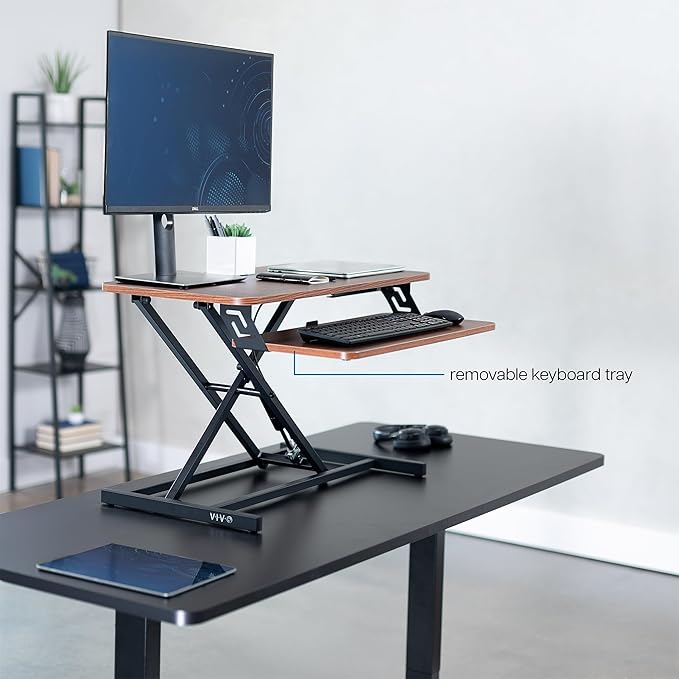 VIVO Height Adjustable 32 inch Stand Up Desk Converter, Quick Sit to Stand Tabletop Dual Monitor Riser Workstation, Dark Walnut Desktop, Black Frame, DESK-V000SD