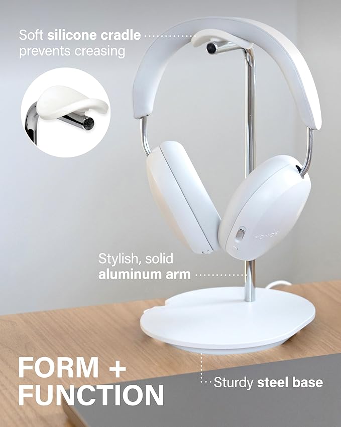 Sanus Sonos Ace Headphones Stand - Premium Stand w/Silicone Cradle Prevents Creasing & Built-in Cable Management w/Magnetic Clip for Fast Charging - Tool-Free Setup - White Sonos Headphones Holder