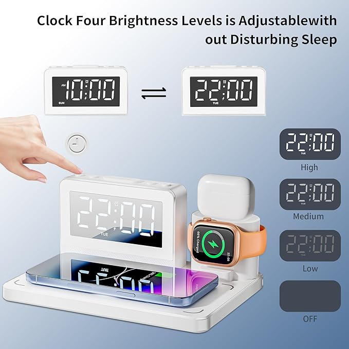 Wireless Fast Charging Station - 7 in 1 Alarm Clock with Wireless Charger Stand - Charging Dock for Apple,for Samsung Galaxy Multiple Devices - for iPhone Watch,for Airpods (White)