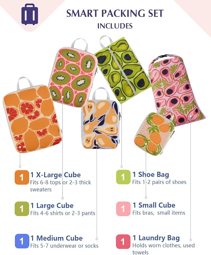 Gonex Compression Packing Cubes, 6pcs Expandable Storage Travel Luggage Bags Organizers with Shoe Bag Laundry Bag, Travel Cubes for Suitcase Carry On (Fruit)