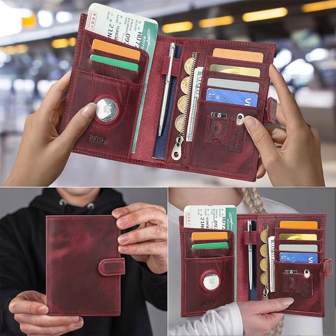 CONTACTS Full Grain Leather Passport Holder Compatible with Airtag Passport Wallet RFID Blocking Travel Passport Cover with SIM Card Removal Tool (Red)