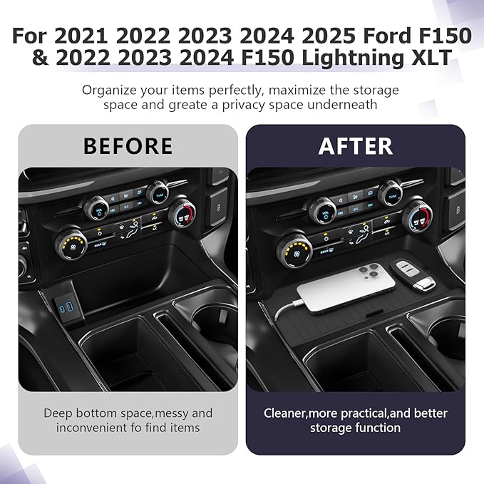 LUWU Center Console Organizer Compartment Cover for 2021-2024 2025 Ford F150 & 2022-2024 F150 Lightning XLT Interior Accessories Middle Console Secret Pocket Lid Hidden Storage Tray Panel w/USB Hole
