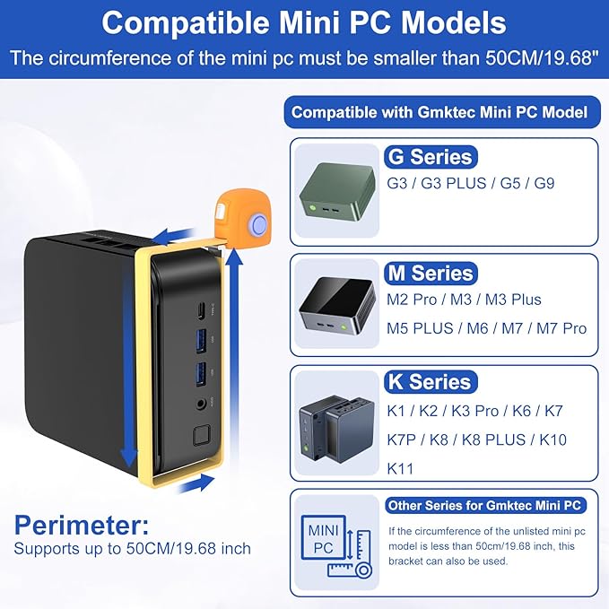 Mini PC Mount for GMKtec, Wall and VESA Mount for GMKtec G3/PLUS, G5, G9, M2 Pro, M3/Plus, M5 PLUS, M6, M7/ Pro, K1, K2, K3 Pro, K6, K7, K7P, K8/ PLUS, K10, K11 Adjustable Mini PC Mount with Screws