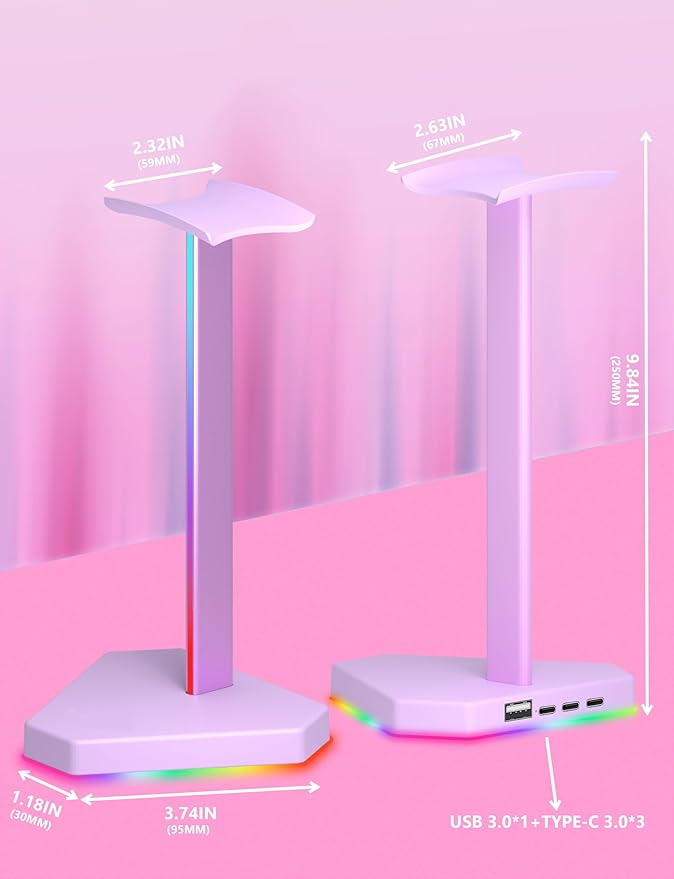 RGB Headphones Stand with 1 USB-C Data Transmission& 3 Type-C Charging Port, Desk Gaming Headset Holder with 7 Light Modes and Non-Slip Rubber Base (Purple)
