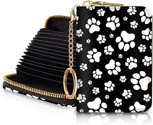 Blusabaca RFID Credit Card Holder Wallets for Women, Small Card Case Wallet with Removable Keychain and Zipper, Leather Card Holder Dog Paw Pocket Business Card Accordion Wallet