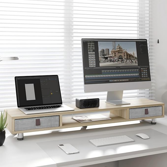 Fenge Monitor Stand, Dual Monitor Stand with 2 Drawers, Monitor Riser for 2 Monitors, Adjustable Height Computer Stand, Office Monitor Stands for Desk, Laptop, PC, TV, Printer
