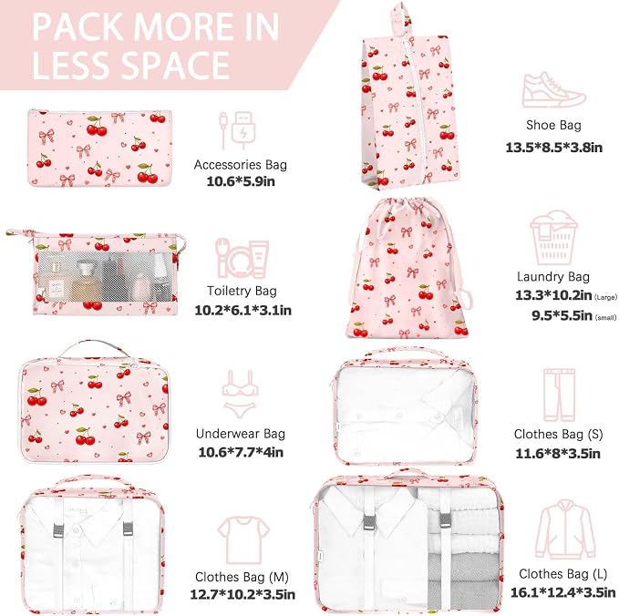 KPX 8 Set Packing Cubes for Travel, Luggage Packing Organizers Accessories Large Toiletries Bag for Clothes Shoes Cosmetics (8Set-Cherry & Bow)