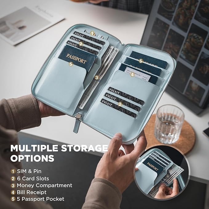 VULKIT Leather Passport Holder Family Travel Document Organizer with RFID Blocking Travel Wallet Slim Dual Slots SIM Card and Multiple Card Holders for Men and Women (Light Blue)