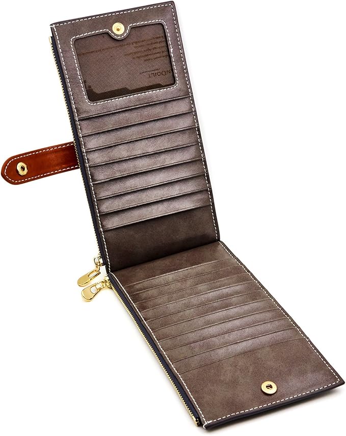 ANDOILT Women's Genuine Leather Wallet RFID Blocking Credit Card Holder Zipper Purse Cell Phone Handbag
