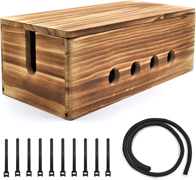 Large Cable Management Box, Wood Cord Hider Box & Organizer for Power Strip Hider Cable Storage for Office, TV Wires, Desk Cord Organizer, 14" x 5.9" x 5.1", Vintage Walnut (Vintage Walnut-lid)
