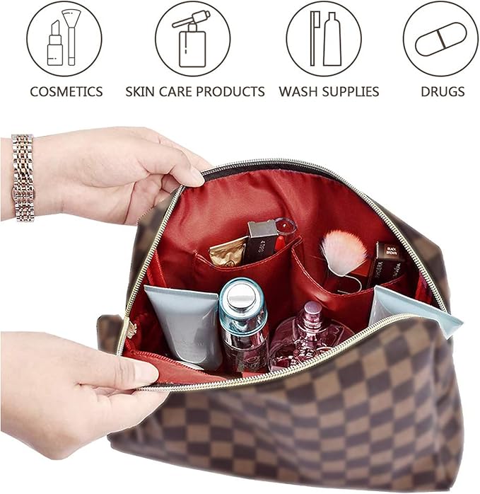 BAGCRAZY Checkered Makeup Bag Set, Elegant Travel Cosmetic Bag 2 Pack, Waterproof PU Leather Makeup Organizer with Zipper for Women