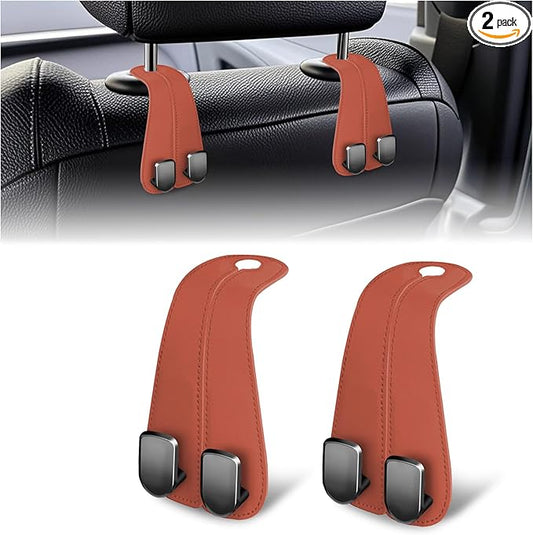 CHOSMOYI 2 Packs Car Seat Hooks, Leather Car Headrest Hook, Car Purse Hook Seat Back Hanger Storage Organizer, Car Hook for Purses and Bags(Coral Orange)