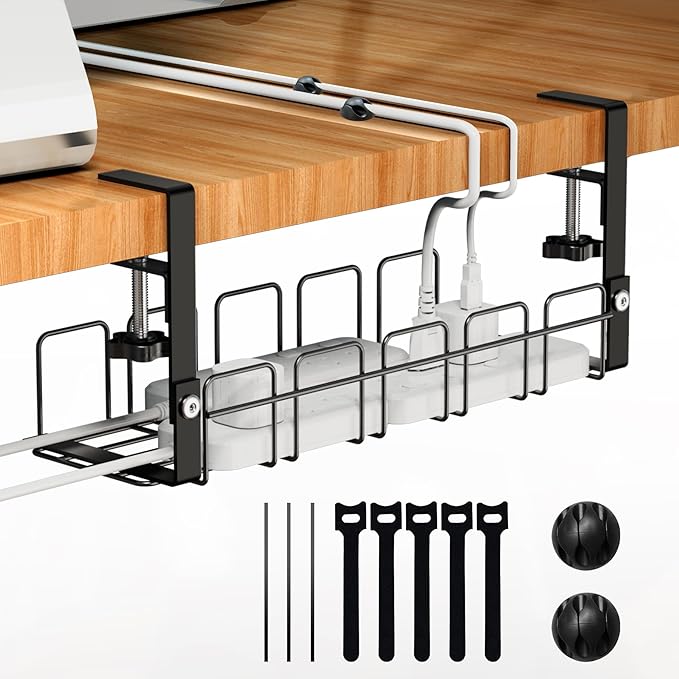 Under Desk Cable Management Tray,15.7” No Drill Cord Organizer with Clamps for Wire Management,4MM Under Desk Cable Management Tray for Home Office(Black)