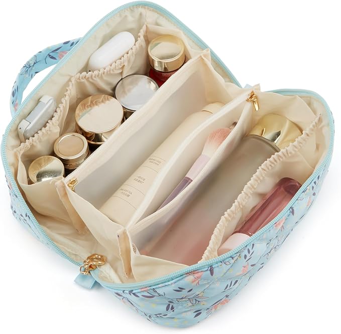 YTL Travel Makeup Bag, Puffer Cosmetic Bag for Women, Waterproof Puffy Padded Make Up Bags, Flat Open Portable Organizer Case Toiletry Bag Pouch Purse for Skincare, Brushes & Travel Essentials