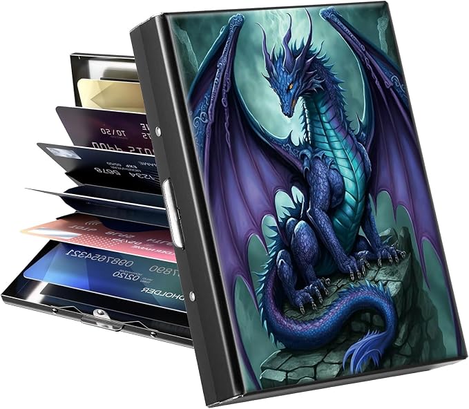 Metal Wallet, Credit Card Holder for Women Men Girls, RFID Blocking Aluminum Wallet Slim Hard Case, Mini Travel Wallet, ID Card Holder Business Card Case,Dragon