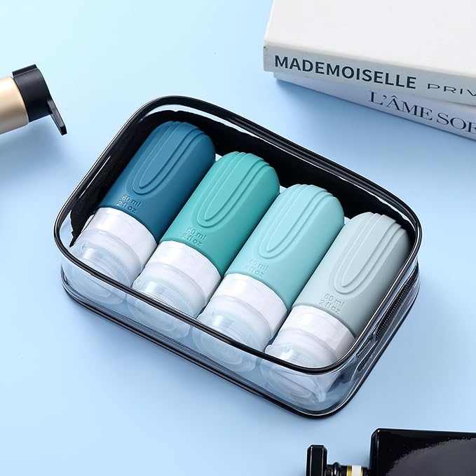 Mrsdry Travel Bottles for Toiletries, Tsa Approved 2oz Travel size Bottles, BPA Free Leak Proof Travels Toiletry Containers, Traveler Accessories with Toiletry Bag for Shampoo Liquid (4 Pack)