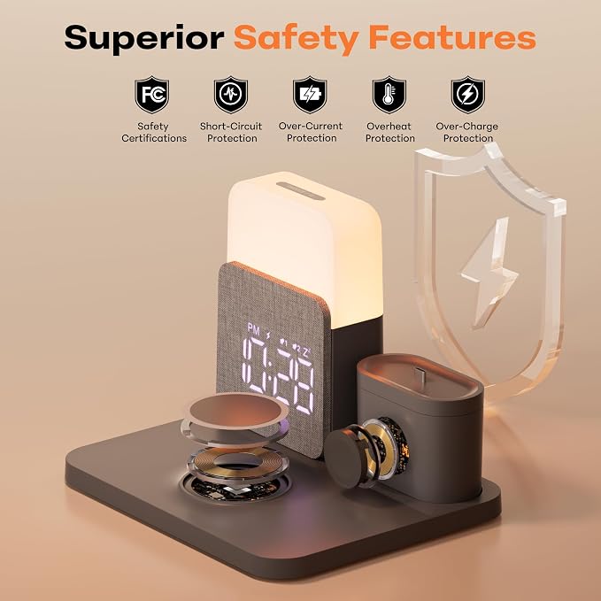 7 in 1 Wireless Charging Station, Magnetic 25W Fast Charger with Alarm Clock & Night Light, Bedside Charging Stand for iPhone 17 16 15 14 13 12 Pro Max, Apple Watch, AirPods, Bedroom