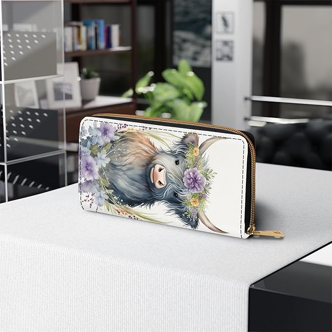 Womens Wallet,RFID Blocking Large Capacity Clutch,Zip Around Leather Purse with 8 Card Slots,Bill Compartments Coin Pocket - Flowers Cow