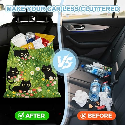 Cute Black Cat Car Trash Bag - Waterproof Car Trash Bag Hanging Leakproof Car Garbage Bag - Washable Reusable Trash Bag for Car Interior Hanging Organizer Storage Vehicle Travelling Camping