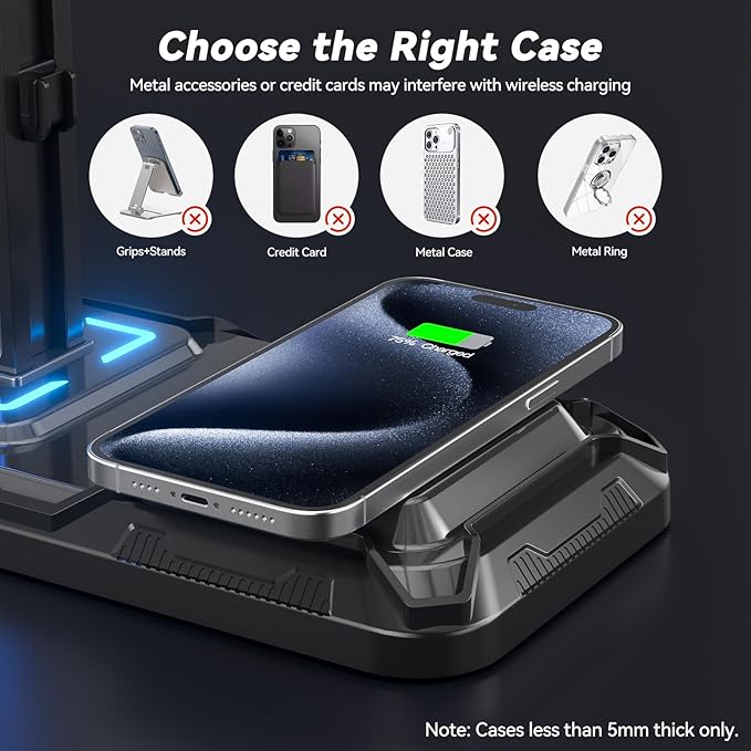 KDD Headphone & Controller Stand with Wireless Charging - Rotatable Headset Stand with 9 Light Modes - Controller Holder with 2 USB and Type C Ports - for Gamers Desktop Accessories