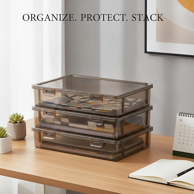 Stackable Document Storage Box with Lid, Rigid PP Plastic File Organizer for Letter & A4 Papers, Brown