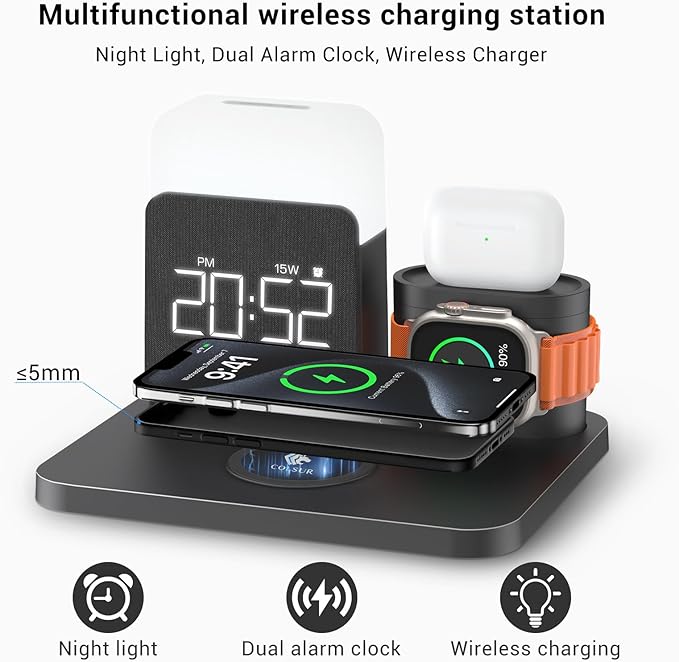 7 in 1 Charging Station for iPhone, Wireless Charging Station, Alarm Clock, Night Light, Wireless Charger for iPhone 17 16 15 14 13 12 Pro Max & Apple Watch - Charging Stand Dock for AirPods(Black)
