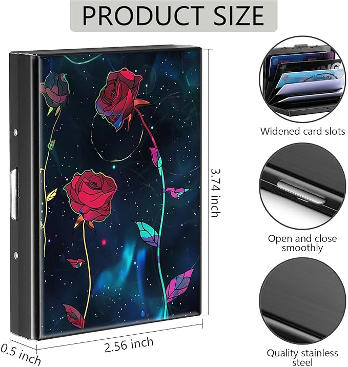 Credit Card Holder, Roses Art Design Mini RFID Blocking Aluminum Wallet Slim Metal Hard Case Shell Travel Wallet ID Case Small Credit Cards Case Business Cards for Women Men Girls