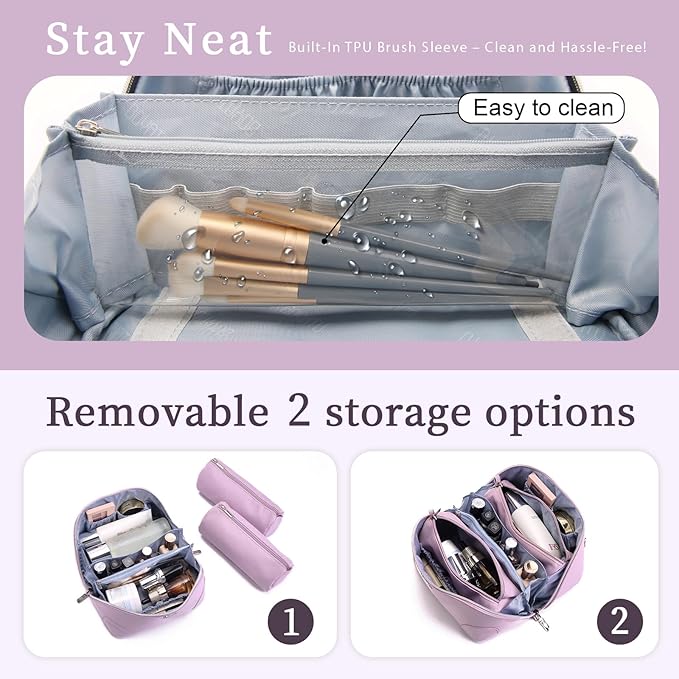 BOYATU Travel Makeup Bag Cosmetic Bags for Women: 3 Pcs Set Large Capacity Make up Bag with Handle - Waterproof Vegan Leather Toiletry Bags Travel Essentials with Compartments(C-4-Purple)