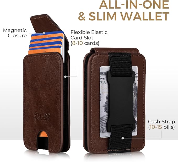 Zitahli Slim Wallet for Men Front Pocket – Thin Minimalist Credit Card Holder with Magnetic Closure & Elastic Cash Strap, RFID Blocking Wallet Holds up to 10 Cards & 15 Bills