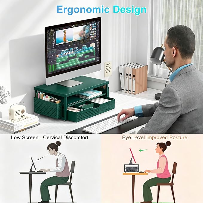 gianotter Desk Organizers and Accessories, Monitor Stand with Drawer and 2 Pen Holder, Desktop Organizer Suitable for Offices and Dormitories (Green-Plain)
