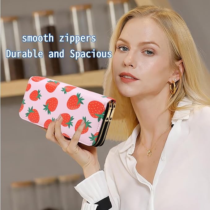 Strawberry Wallets for Women Kawaii Large Capacity 2 Zipper Wallet Cute Ladies Purse Pink Credit Card Holder
