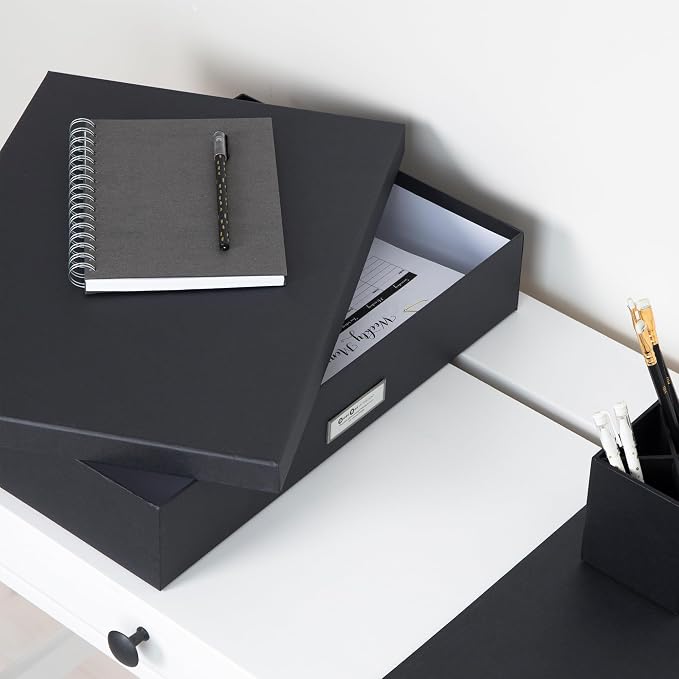 Bigso Sverker Fiberboard Legal and Art Storage Box - Scrapbook Storage Box for Loose Papers and More - Durable Document Boxes with Lid and Metal Label Holder - 17.1 in x 12.2 in x 3.3 in - Dark Grey