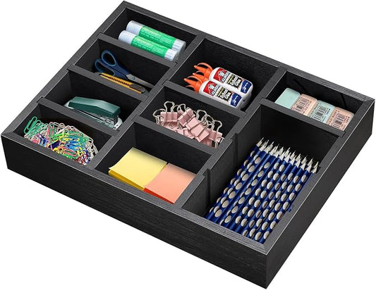 Wooden Desk Drawer Organizer, 9-Slot Office Organization and Storage Box, Adjustable Natural Wood Desktop Tray for Pens, Sticky Notes, and Small Accessories, Aesthetic Home Office Decor (12 x 9 In)