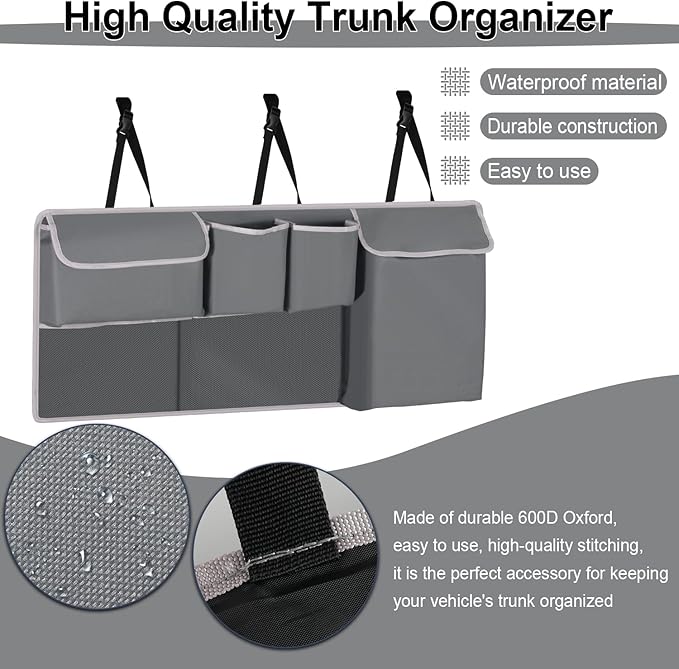 UYYE Trunk Hanging Organizer, Backseat Storage Bag, Collapsible Car Interior Accessories with 4 Pockets & 2 Mesh Pouches for Tools, Provide More Storage Trunk Space for SUV, Jeep, MPVs (Grey)