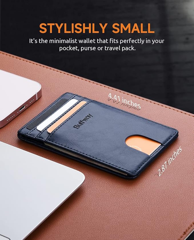 Buffway Mens Slim Wallet, Minimalist Thin Front Pocket Leather Credit Card Holder with RFID Blocking for Work Travel | Minimalist, Thin, Front Pocket, Credit Card Holder, RFID Blocking, for Work Travel