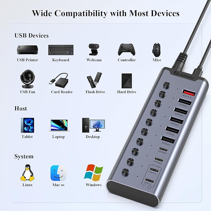 Powered USB Hub, 10-Port USB C Hub with 6*USB-A 3.2, 2*USB-C 3.2 and 2*PD 45W Charging Ports Individual Switches and 24V/3A Power Adapter, USB Extension for MacBook, PC and More.