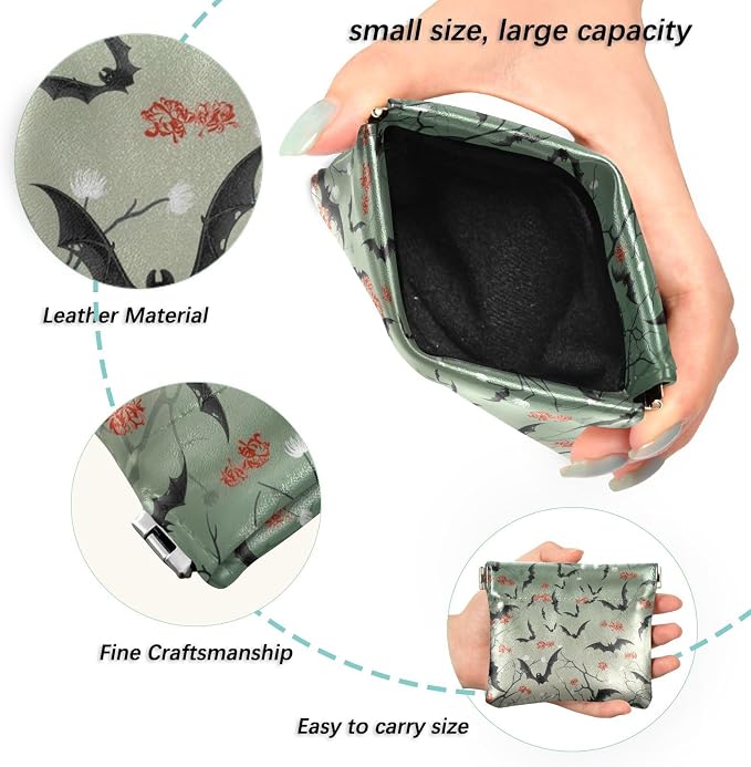 Bats Women's Waterproof PU Leather Coin Purse, Slim Travel Wallet with Zipper - Compact Card Holder & Jewelry Organizer for Cash, Keys, Lipstick