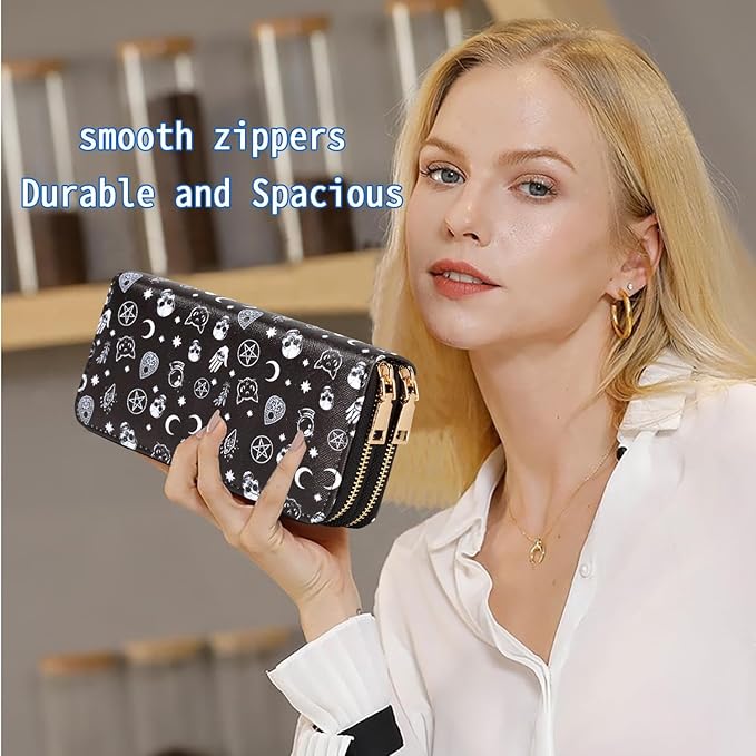Halloween Skull Wallets for Women Large Capacity 2 Zipper Around Gothic Wallet Ladies Goth Purse Credit Card Holder (Skull)