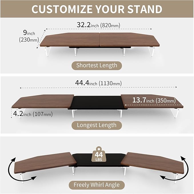 AFOOYO LED Dual Monitor Stand Riser for 2 Monitors,Office Desktop Wooden Stand Adjustable Length and Angle 3 Shelf,Extra Long Multifunctional Stand up to 44.4" for Computer,Laptop,TV,Walnut Finish