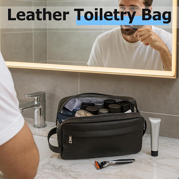 MIRASON Toiletry Bag for Men Leather Travel Toiletry Bag Dopp Kit with Metal Zippers, Water-Resistant Bathroom Bag for Travel Essentials Shaving Bag Gifts for Men, Black