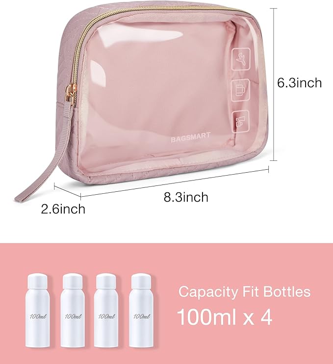 BAGSMART TSA Approved Toiletry Bag, 2 Pack Clear Makeup Cosmetic Bag Organizer, Quart Size Travel Bag for Toiletries, Carry-on Travel Accessories Essentials - Pink